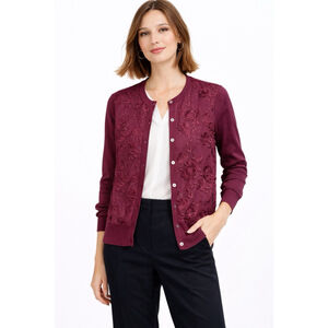 Women's Ann Taylor Factory Burgundy Floral Embroidered Cardigan M